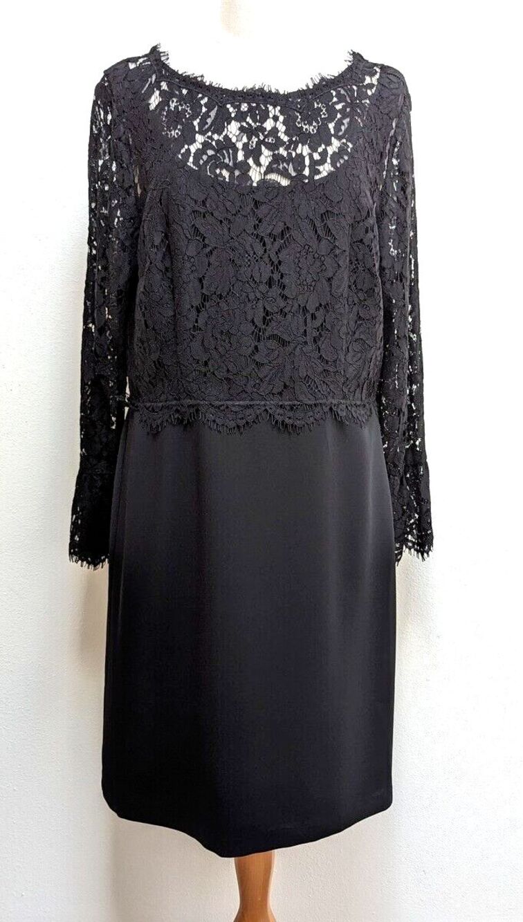 Talbots RSVP Size 14 Black Shift Dress Women Lace Sleeve Crepe Cocktail Wedding